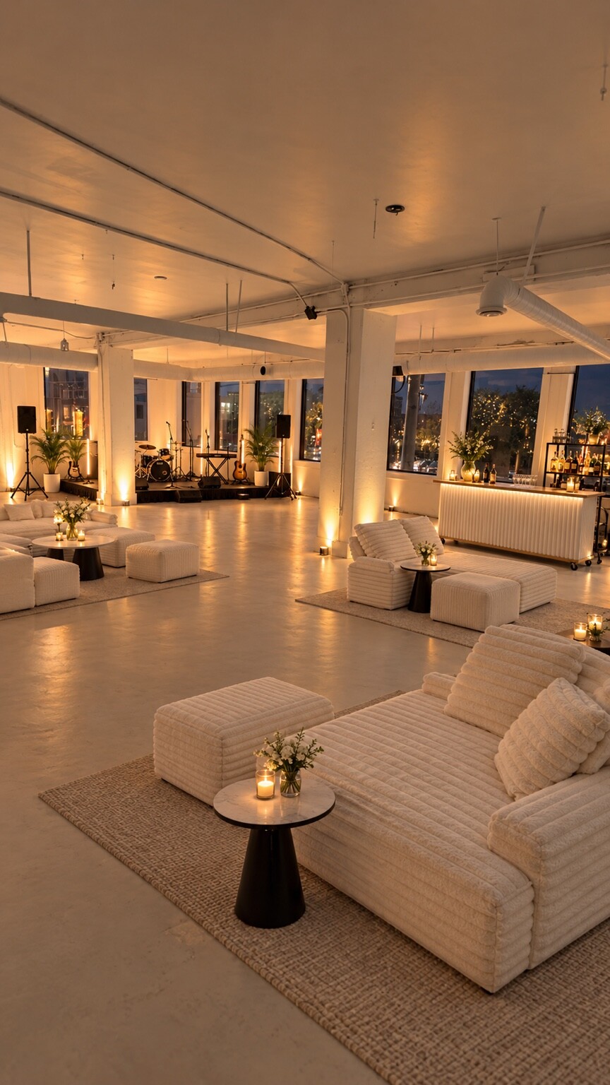 Warm evening lounge setup with white seating, soft uplighting, and an open floor
