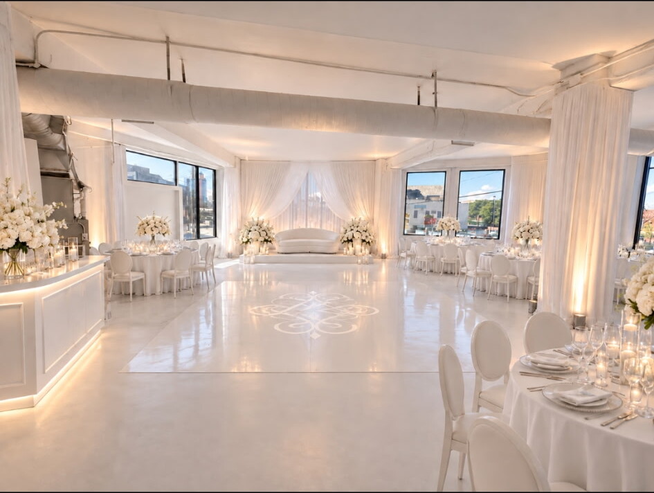Elegant all-white reception setup with florals, candlelight, and a central dance floor